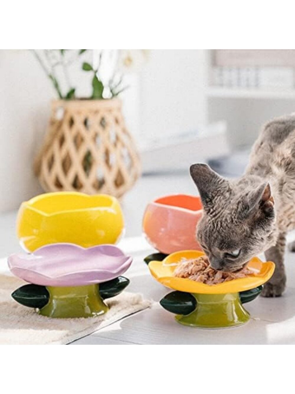 Elevated Ceramic Cat Bowls for Whisker & Spine Comfort - Flower Design, Purple - Picture 4 of 7